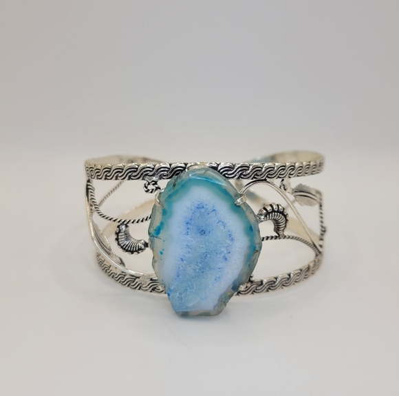 Jewelry - Artisan Made Boho Light Blue Agate Stone Slice 925 Sterling Silver Cuff Bracelet